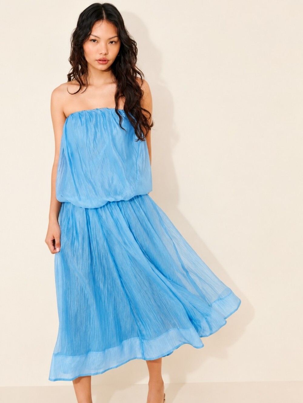 NWT FREE PEOPLE Blue Alana Strapless Flowy Lightweight Vacation Midi Dress